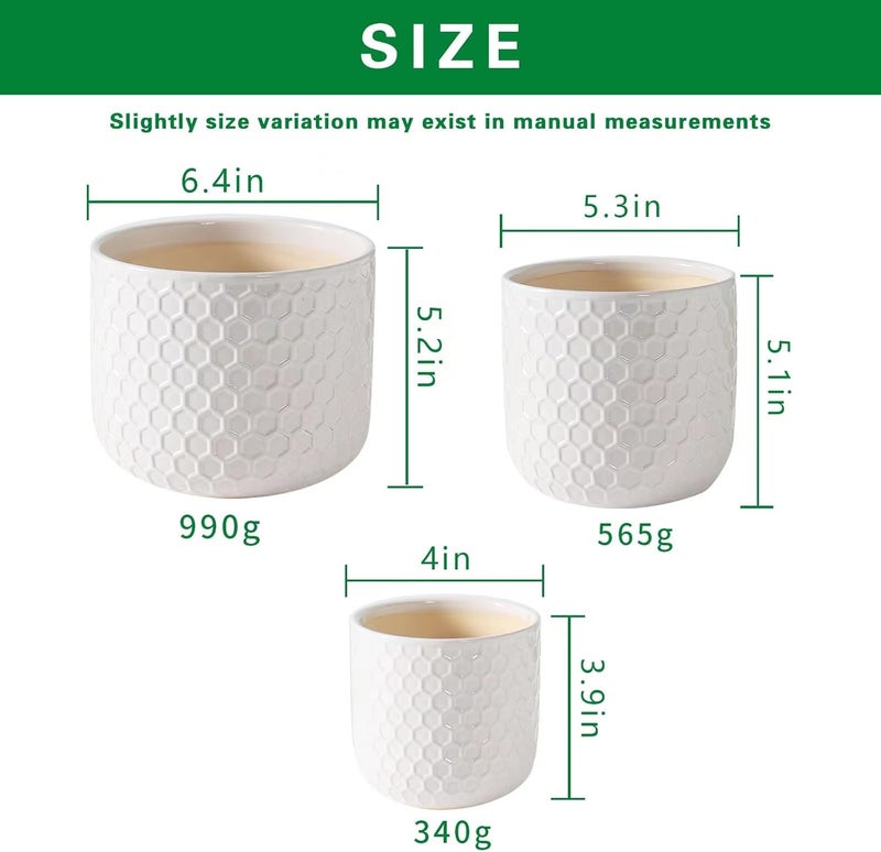 Docrin Store Plant Pots Indoor with Drainage: 6.4+5.3+4 Inch Ceramic Flower Pots for Plants - Set of 3 Modern Decorative Planters for House/Office/Gift - White Honeycomb - Image 2